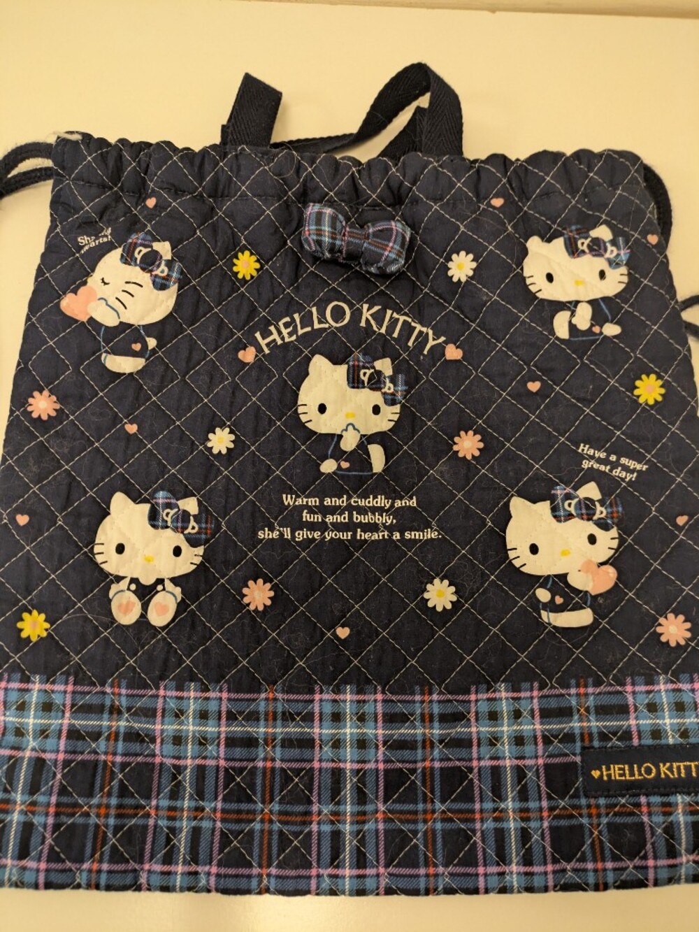 Vintage Hello Kitty Quilted Drawstring Backpack Japan Y2K Black Plaid